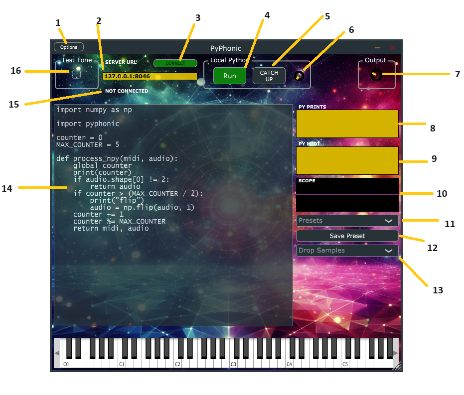 Image of the PyPhonic VST plugin with labels